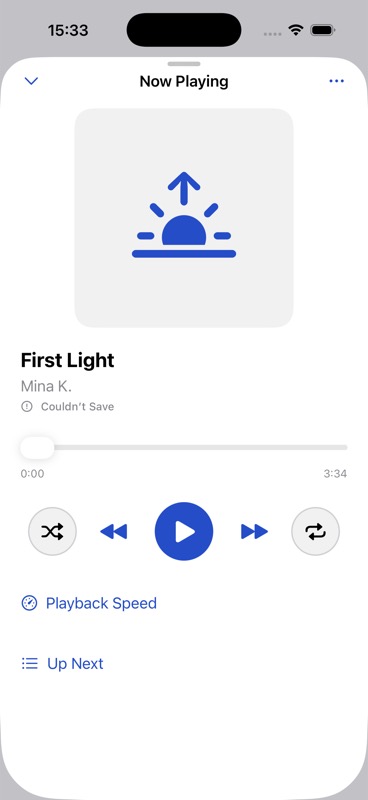 English Simulator development build screen showing Now Playing with artwork, track metadata, progress, icon-only shuffle and repeat controls, and Up Next.